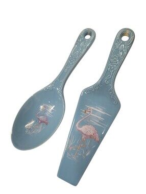 RARE Fiestaware China Specialties “Noon Over Miami” Cake Server & Spoon Set